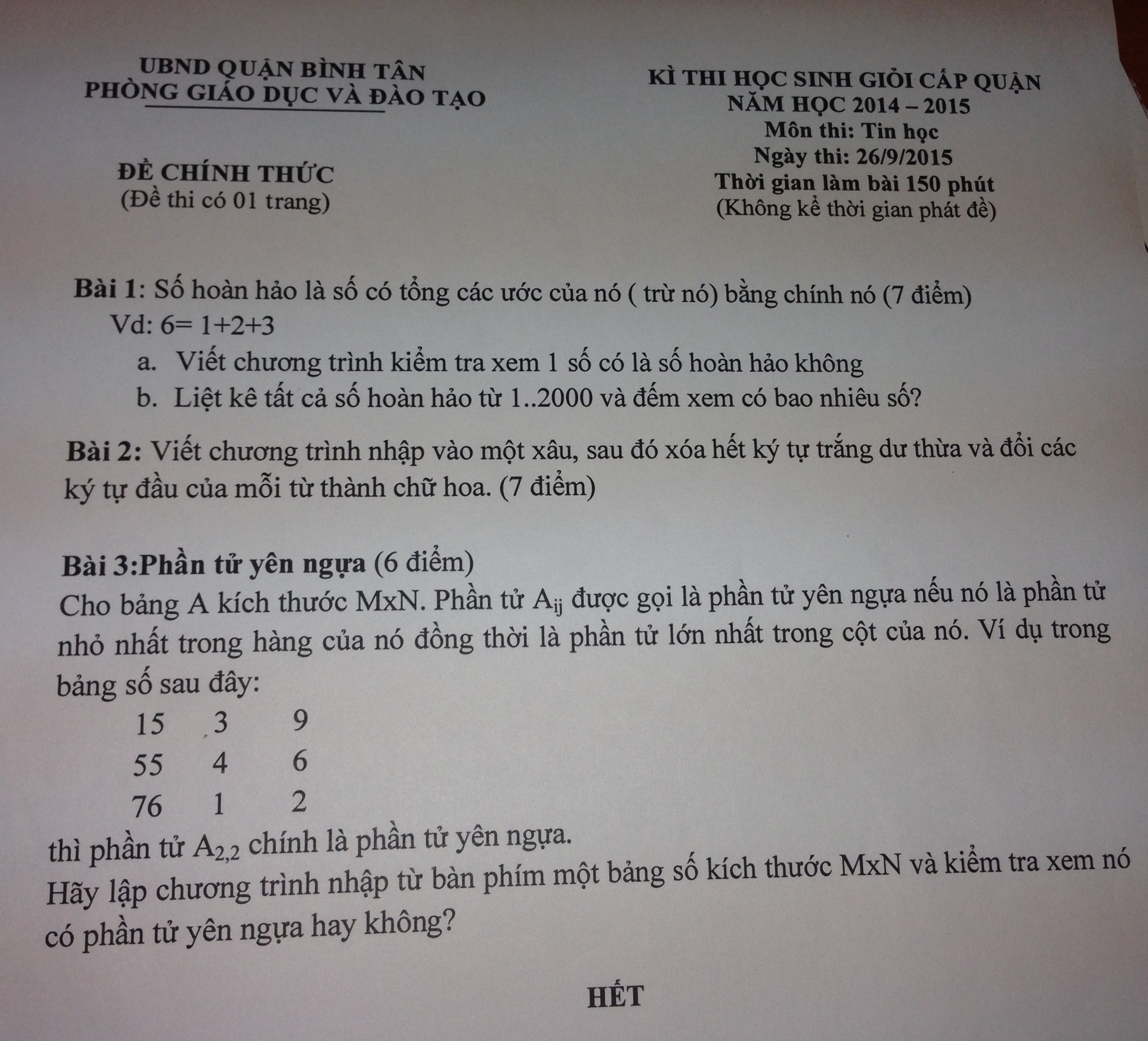 Đề thi học sinh giỏi lớp 9 (vòng 1) quận Bình Tân năm học 2014 - 2015